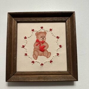 Vintage Framed Teddy Bear Embroidery Art